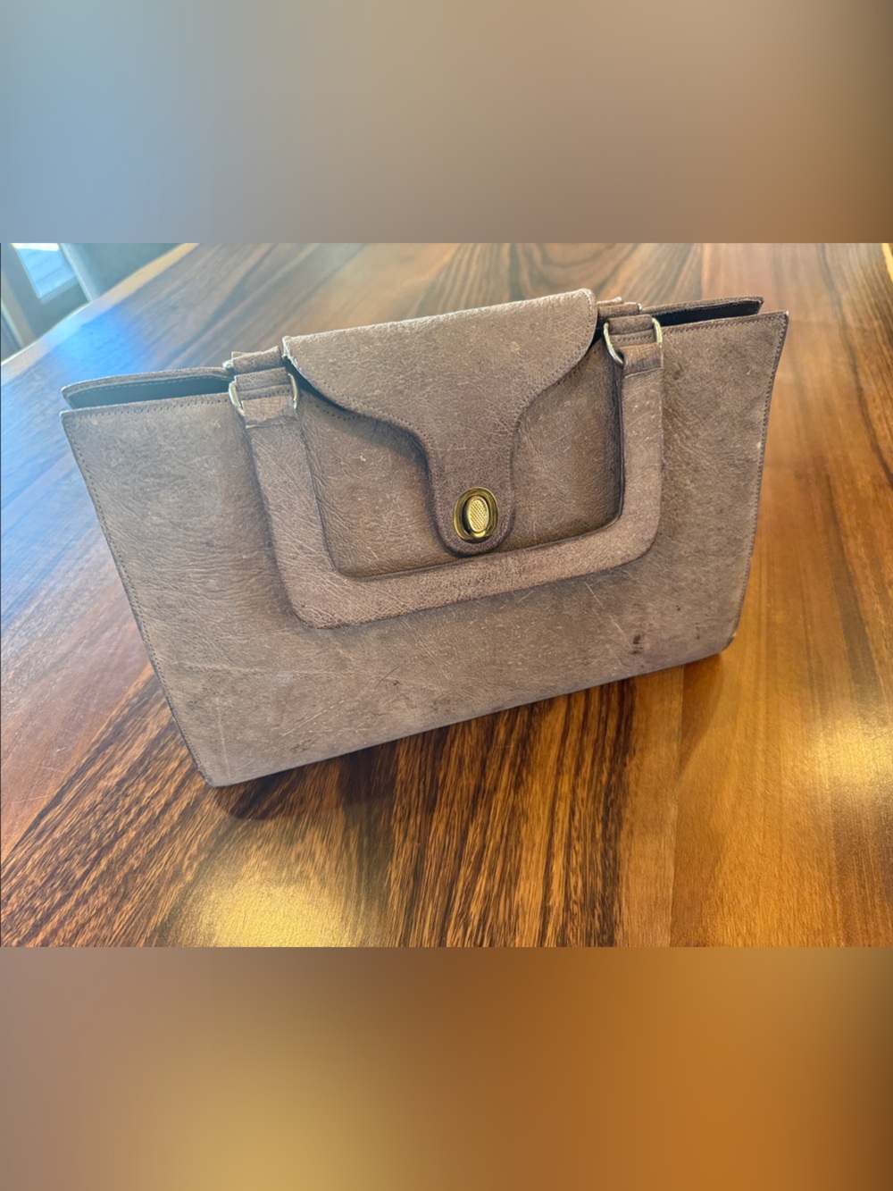 Elephant Suede Taupe Tote with Turn-Lock Detail